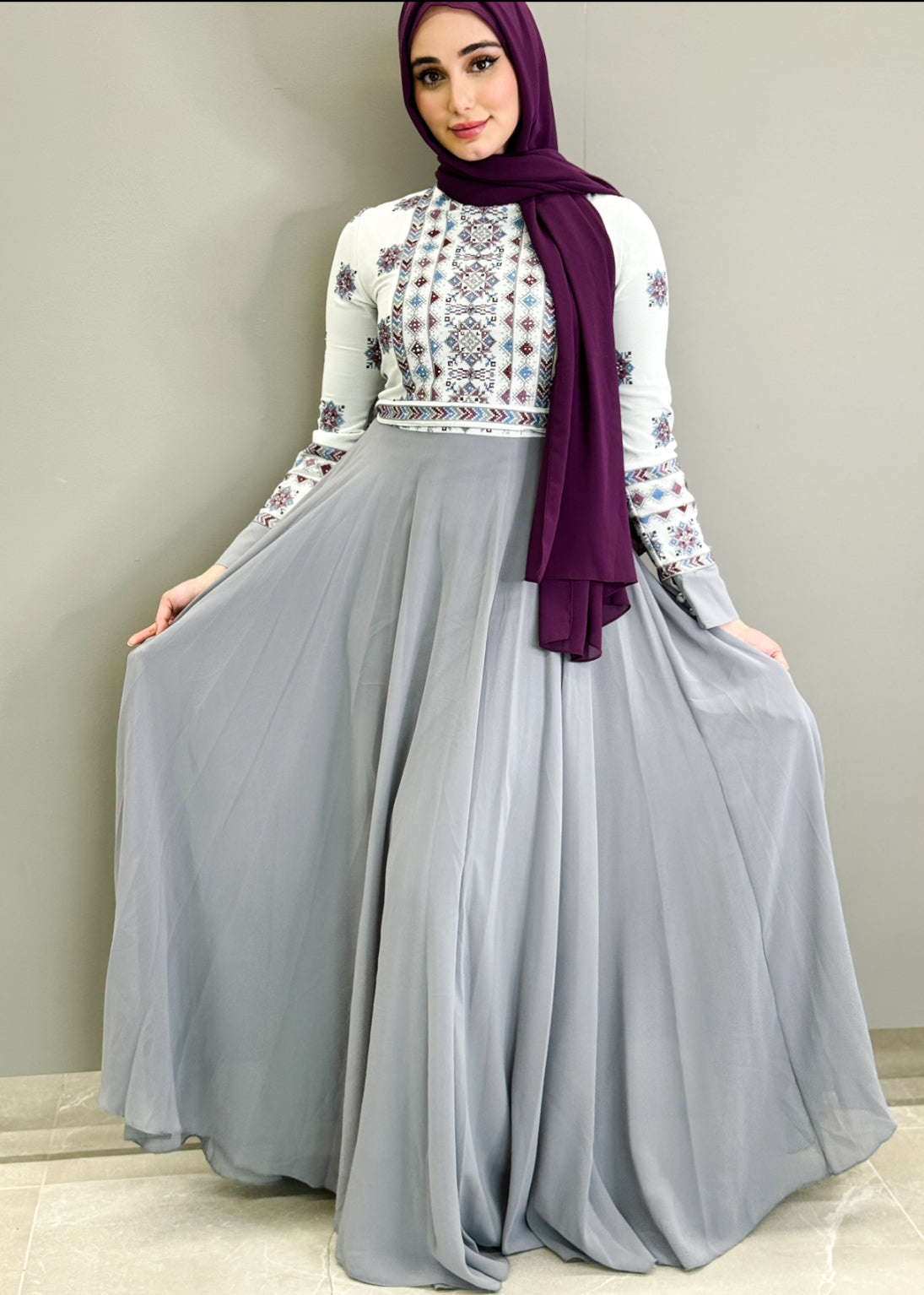 Embroidered Chiffon Dress - Gray