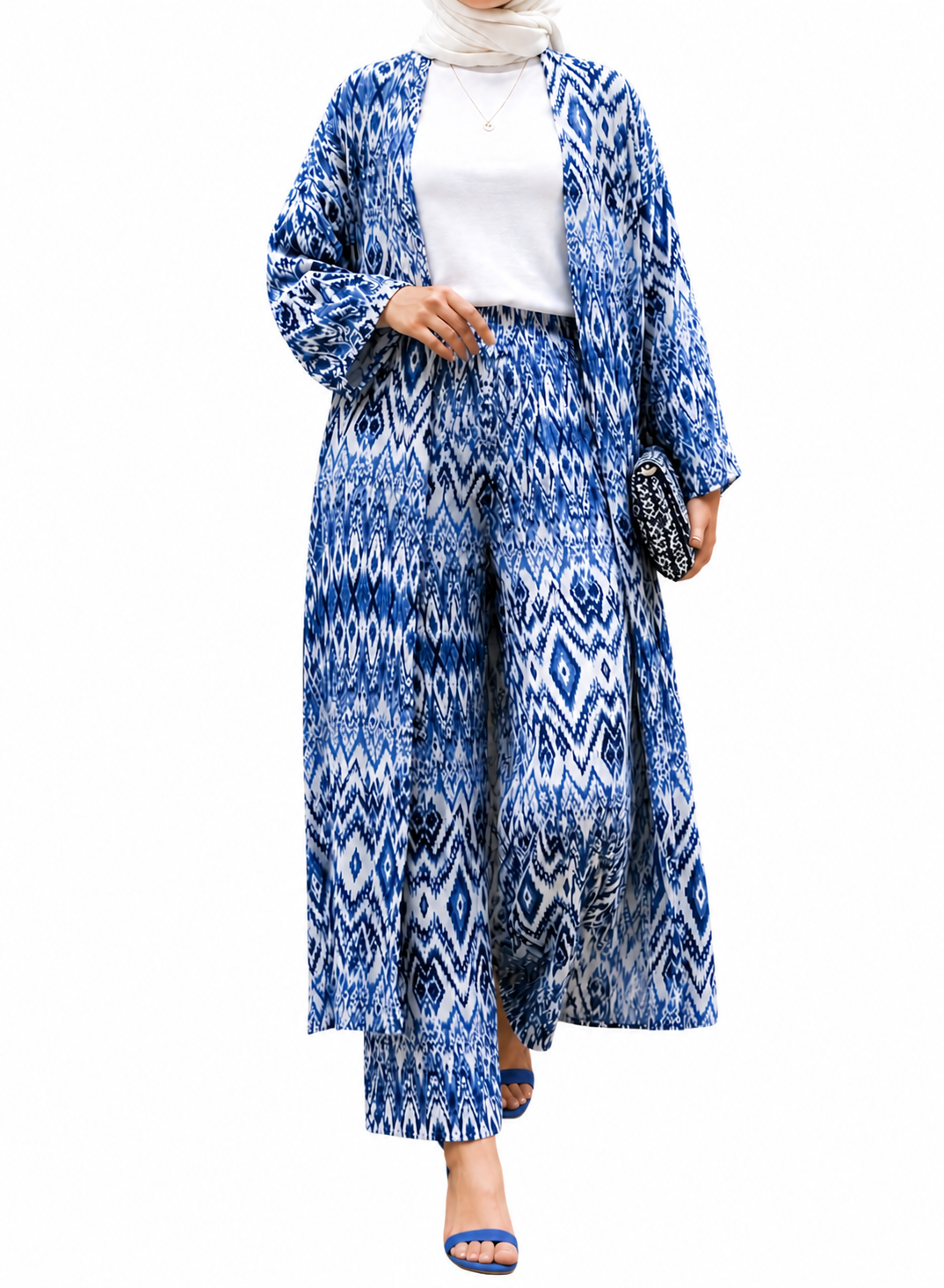 Printed Open Tunic Set - Blue