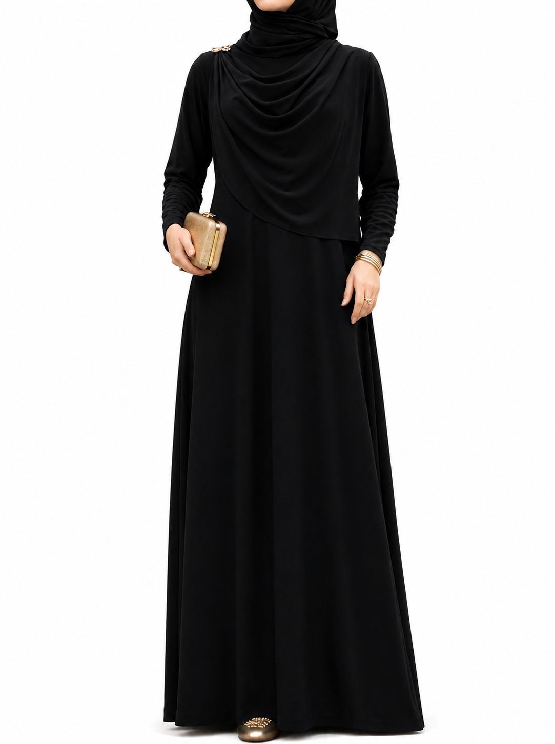 Drape Shoulder Dress-Black