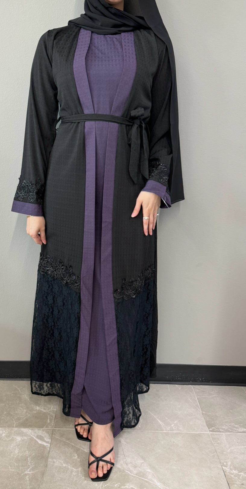Lace Trim Abaya - Purple