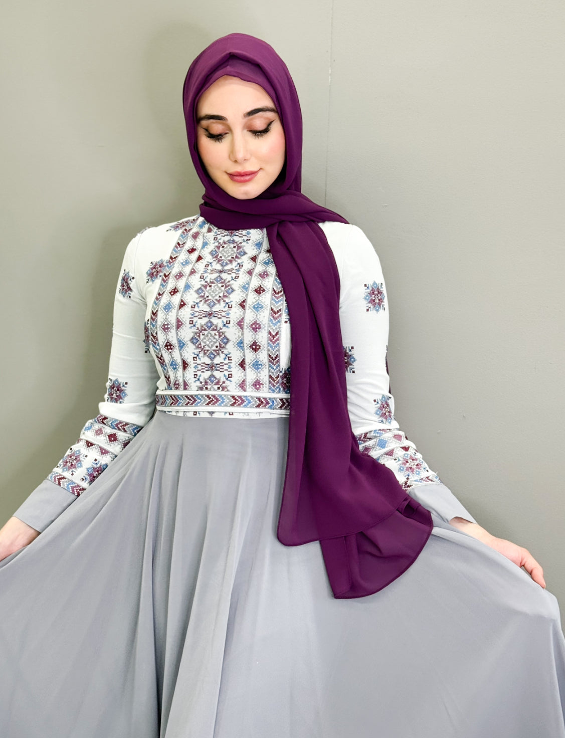 Embroidered Chiffon Dress - Gray