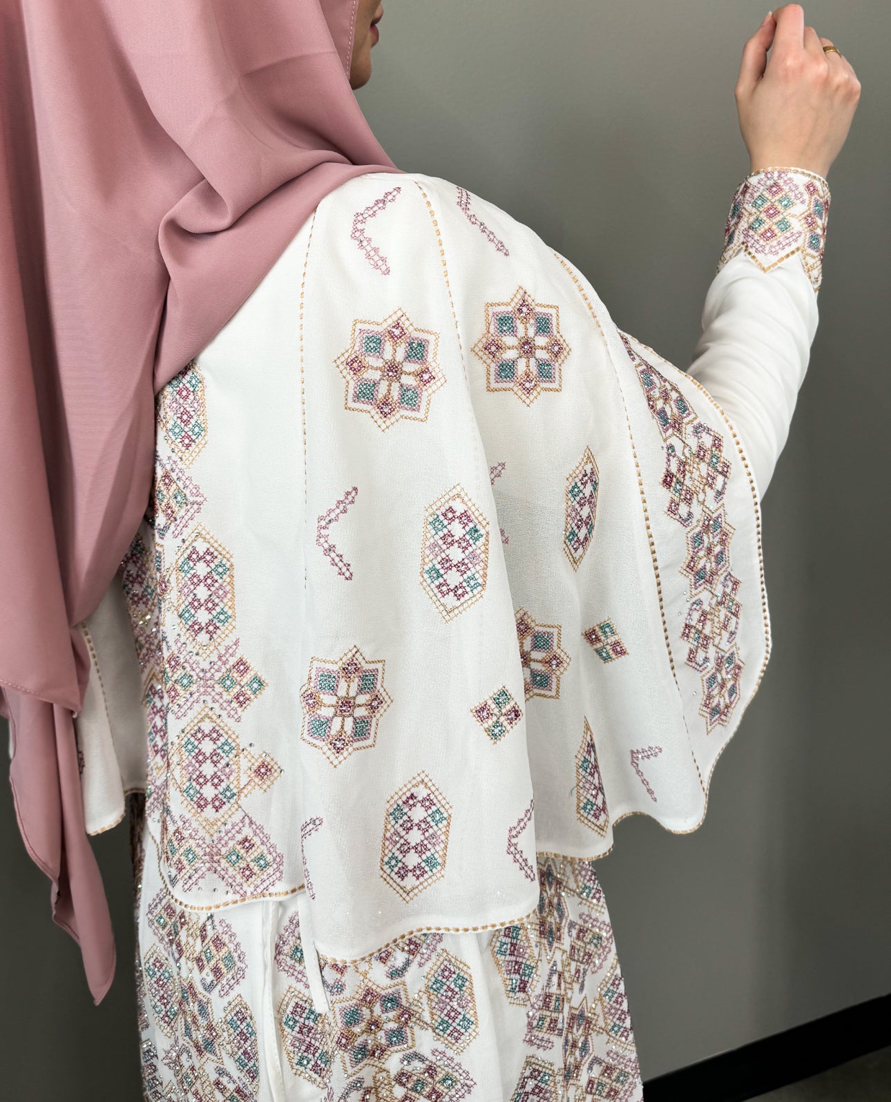 Embroidered Cape Thobe Dress - White