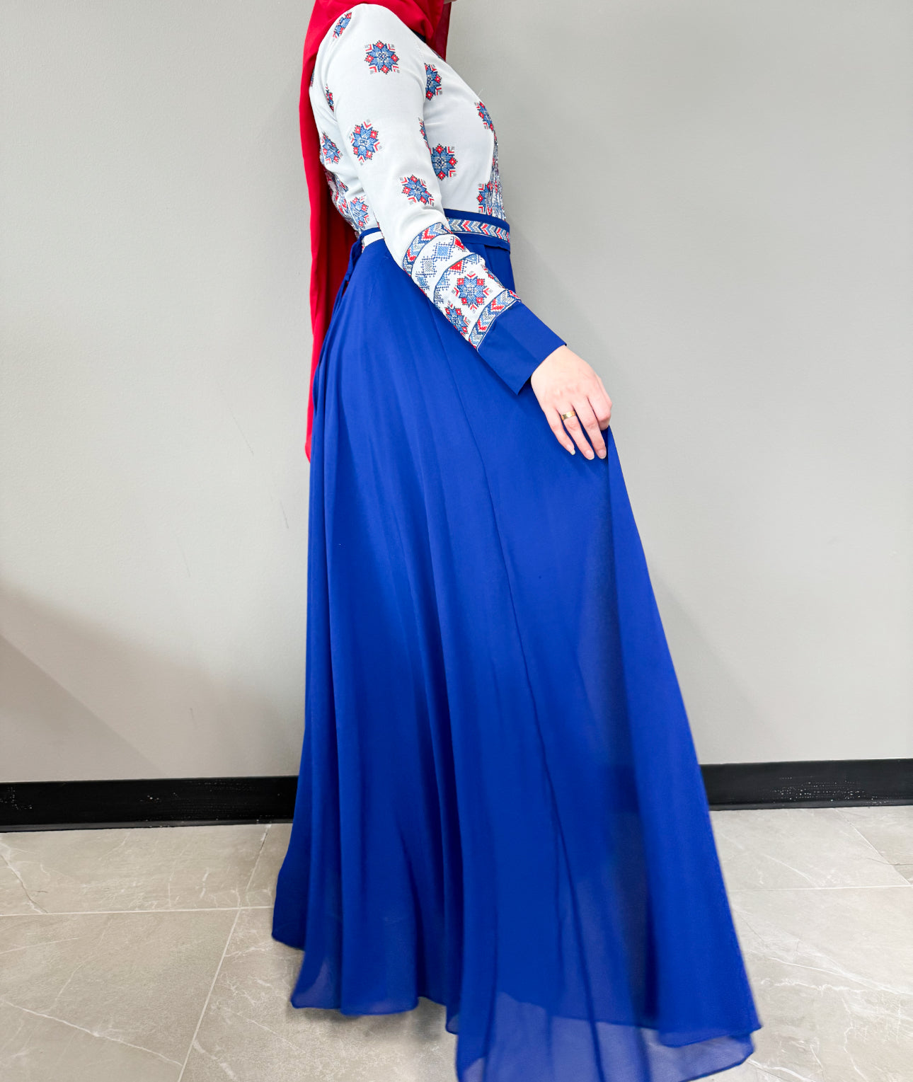 Embroidered Chiffon Dress - Royal Blue