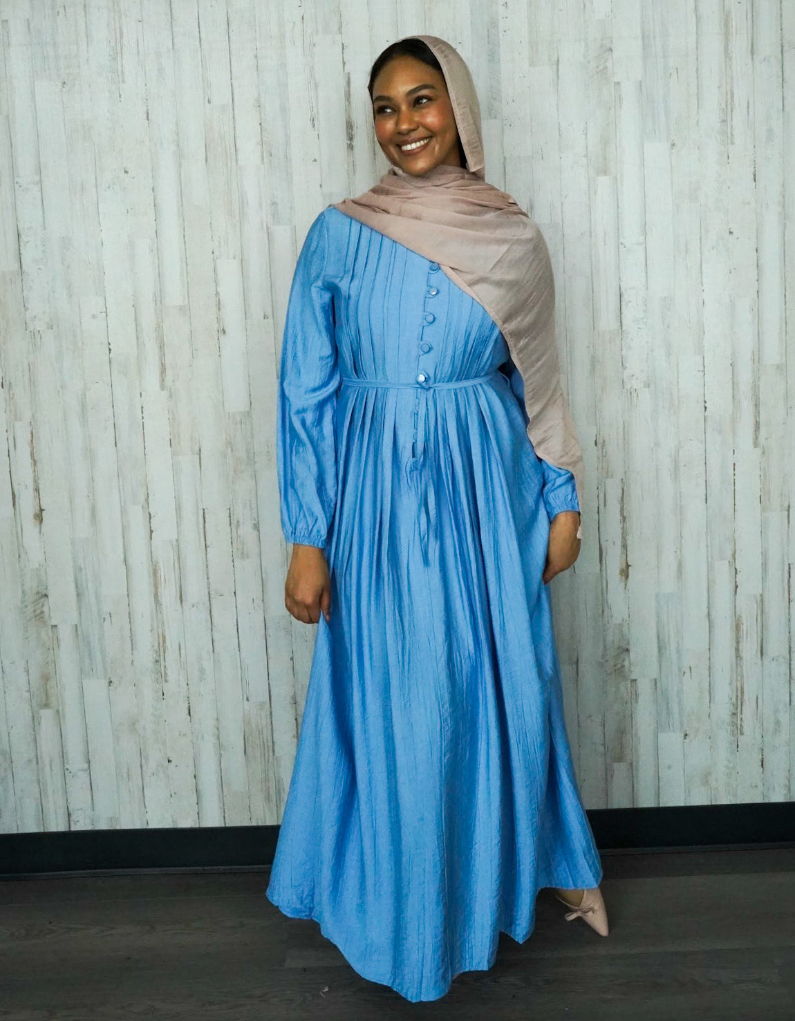 Linen Button Dress-Baby Blue