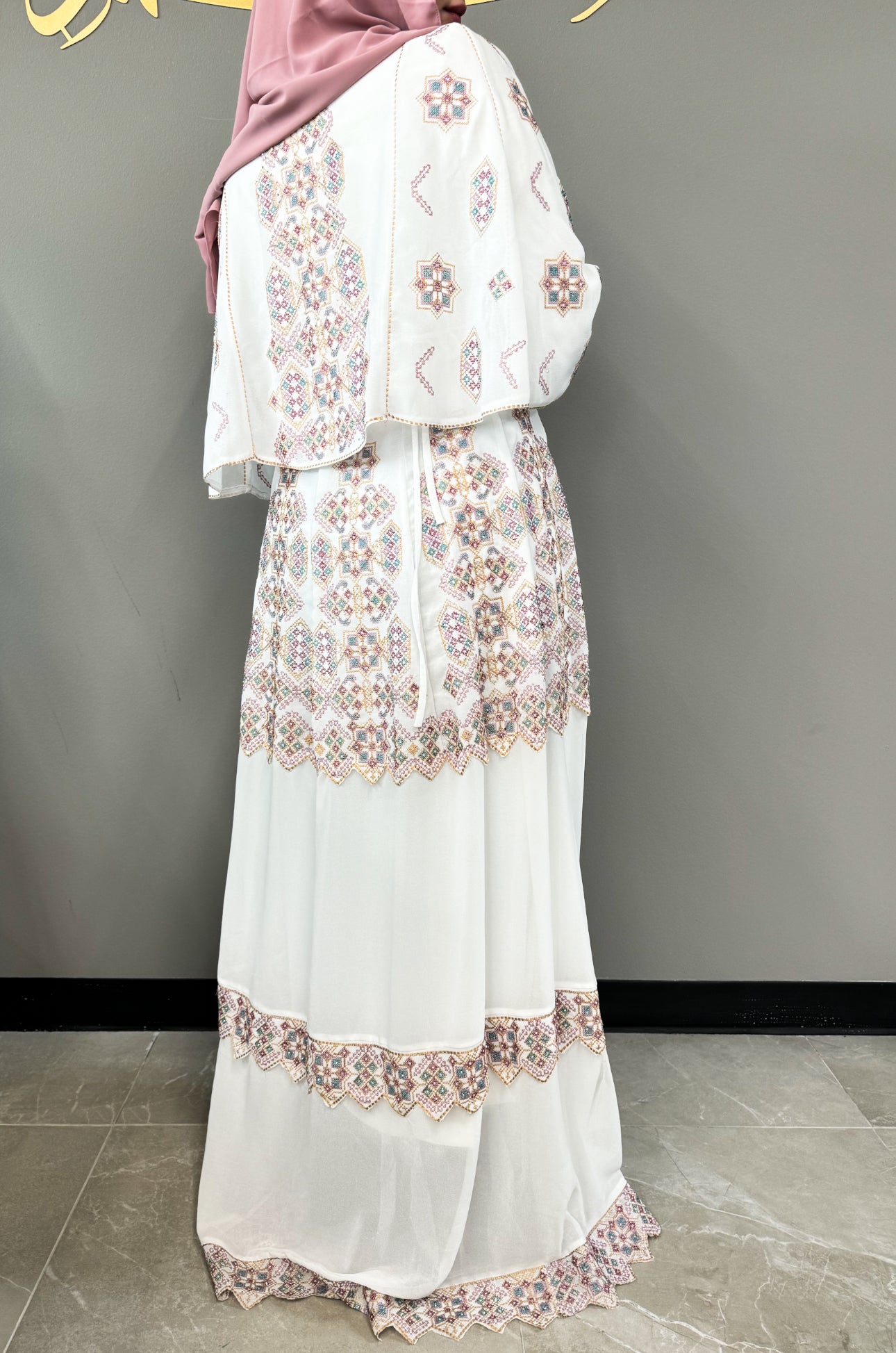 Embroidered Cape Thobe Dress - White