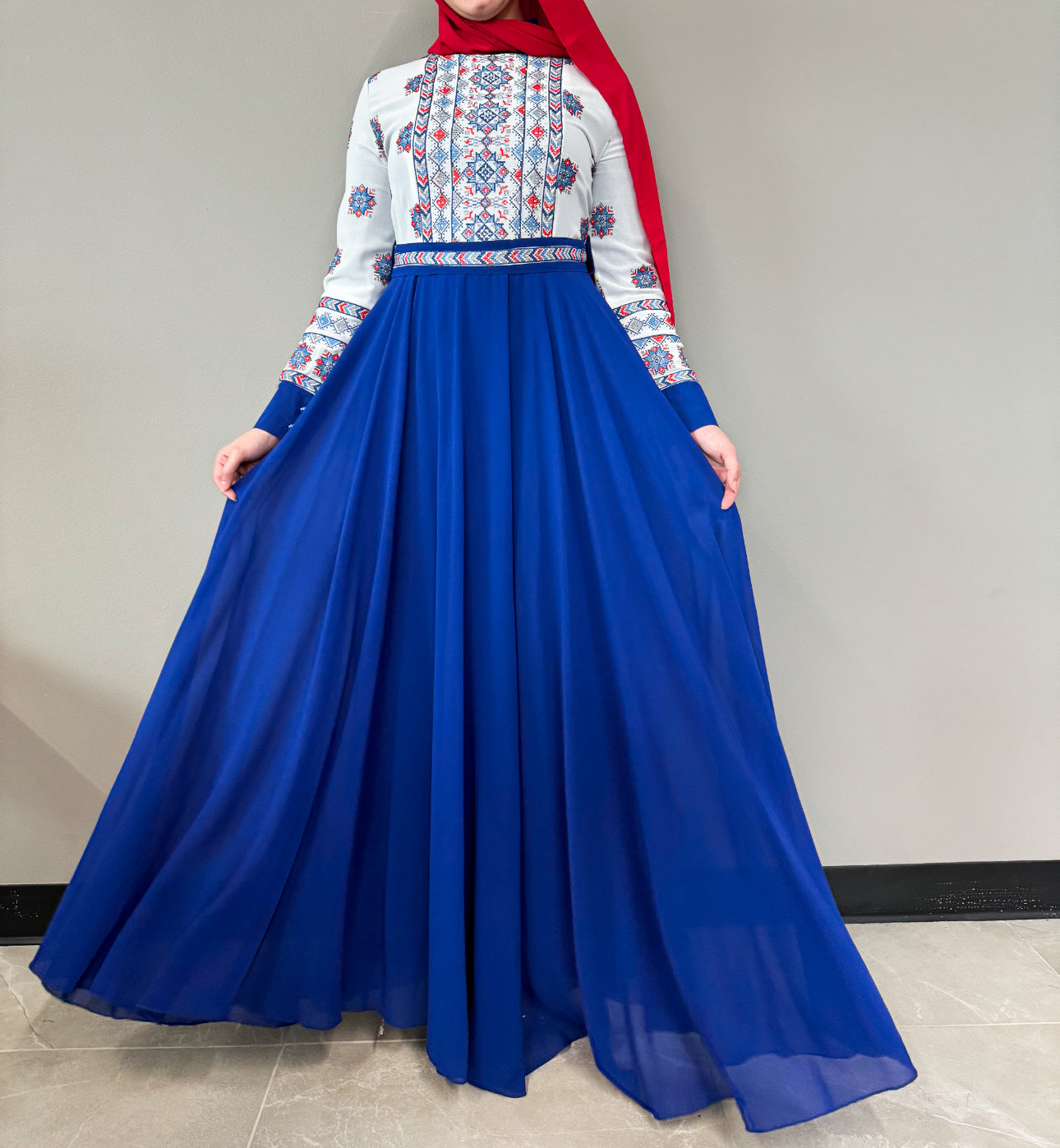 Embroidered Chiffon Dress - Royal Blue