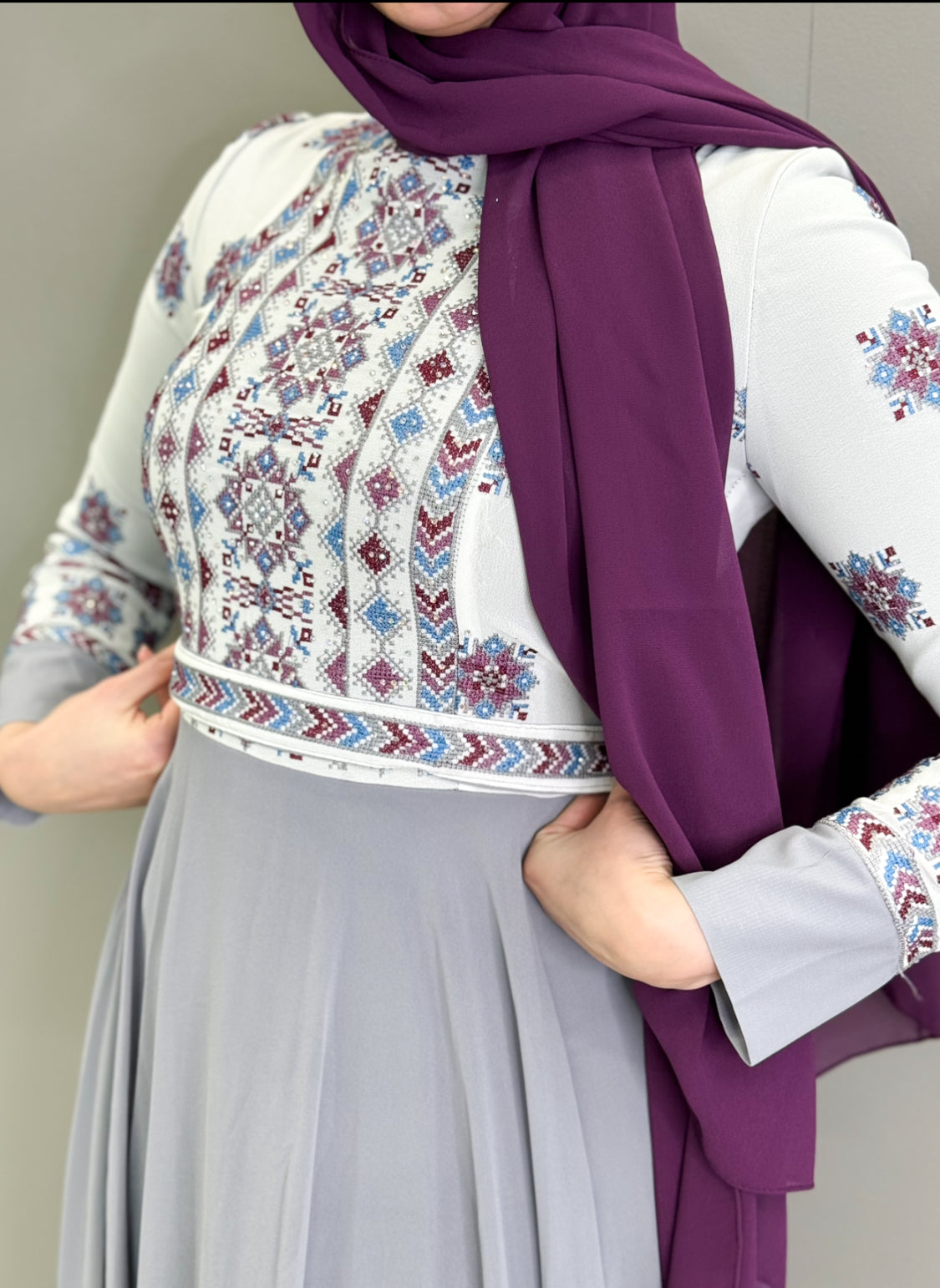 Embroidered Chiffon Dress - Gray