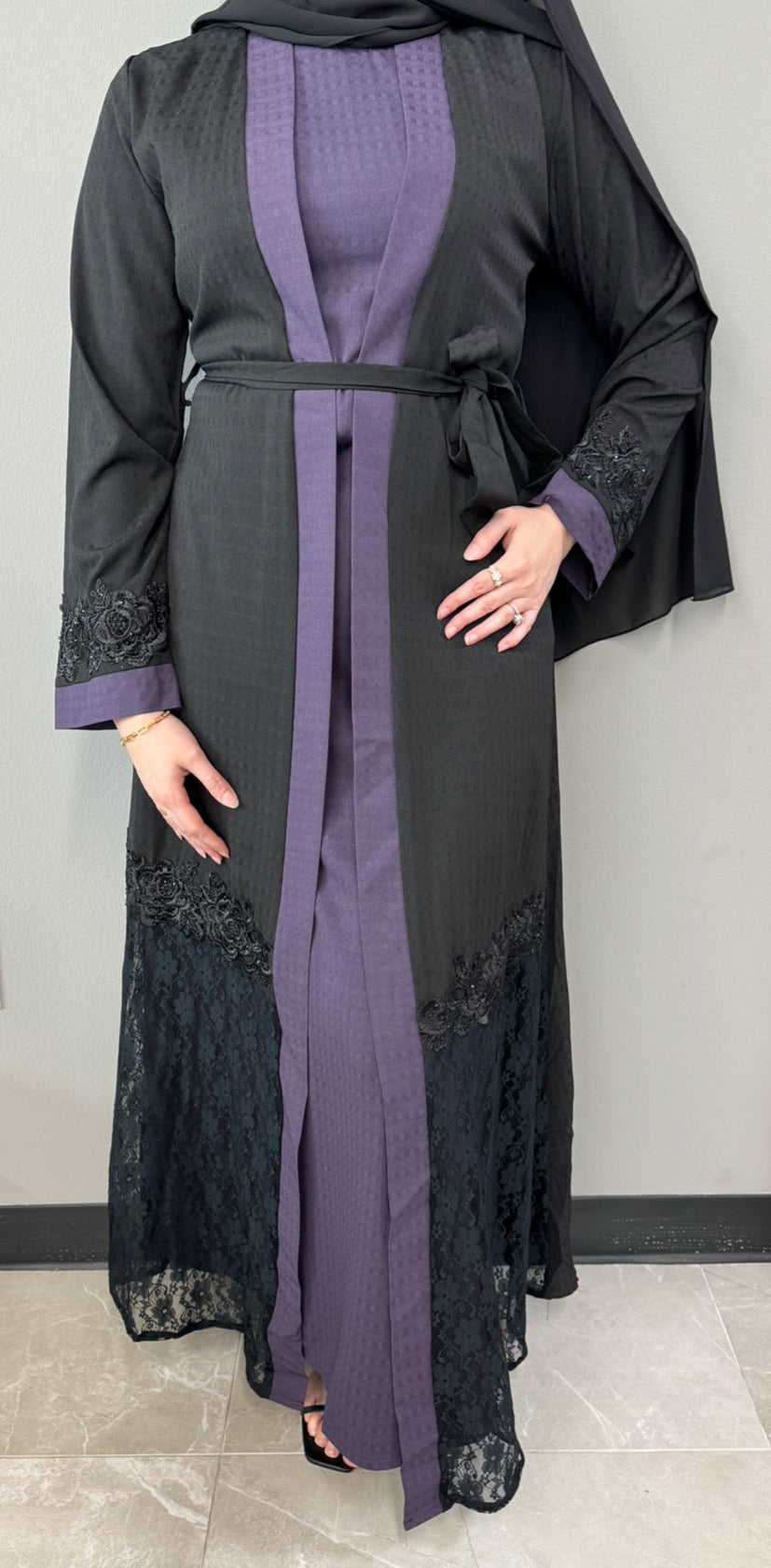 Lace Trim Abaya - Purple