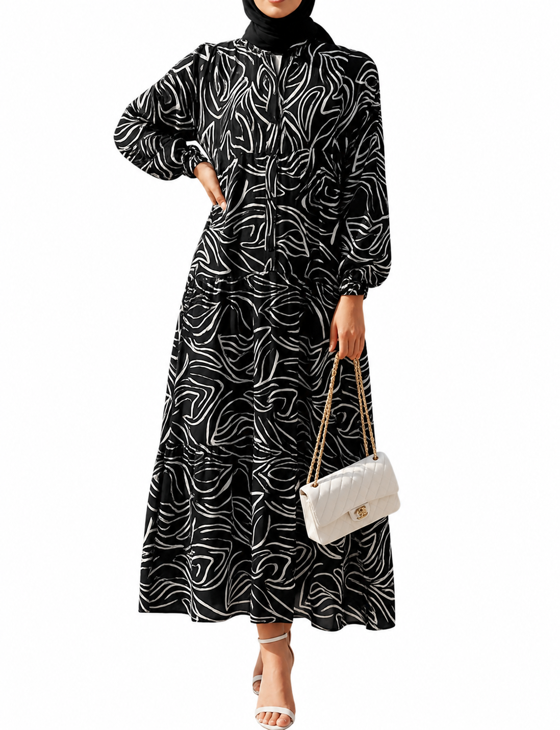 Tie Belt Dress - Black/White