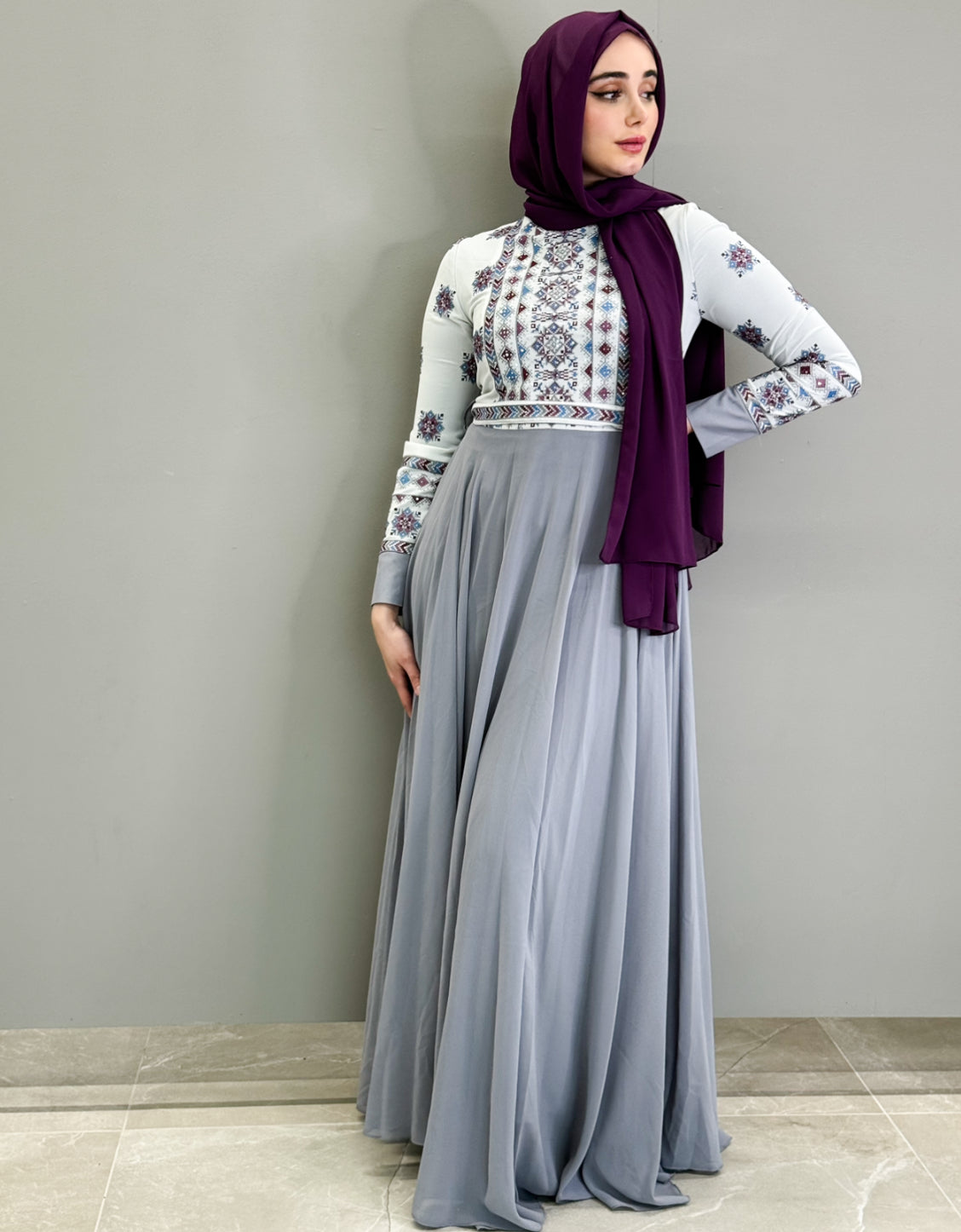 Embroidered Chiffon Dress - Gray