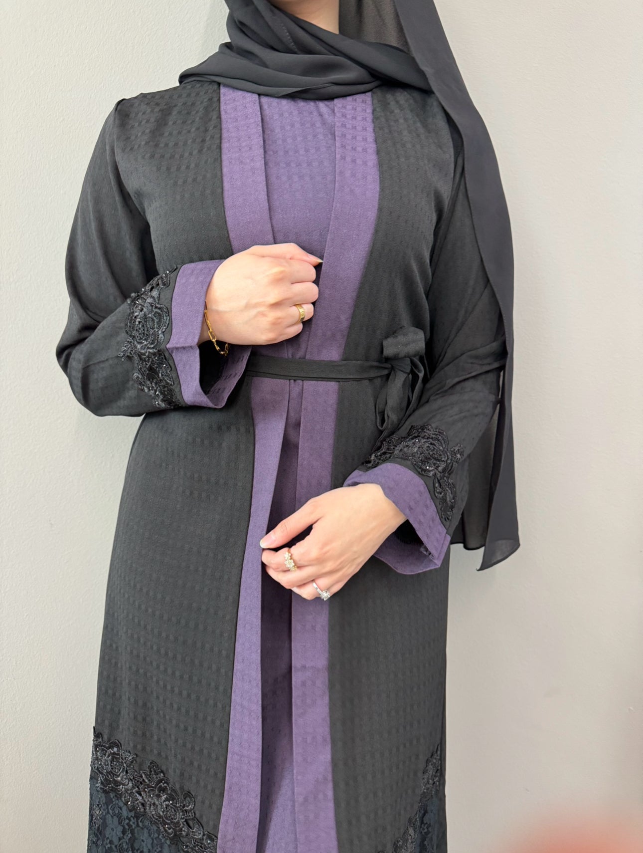 Lace Trim Abaya - Purple