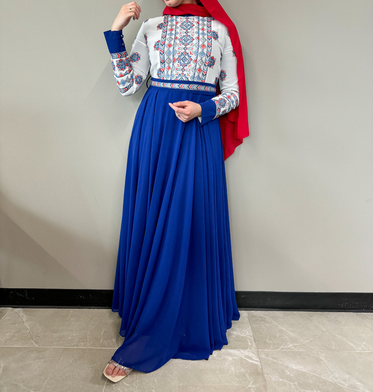 Embroidered Chiffon Dress - Royal Blue