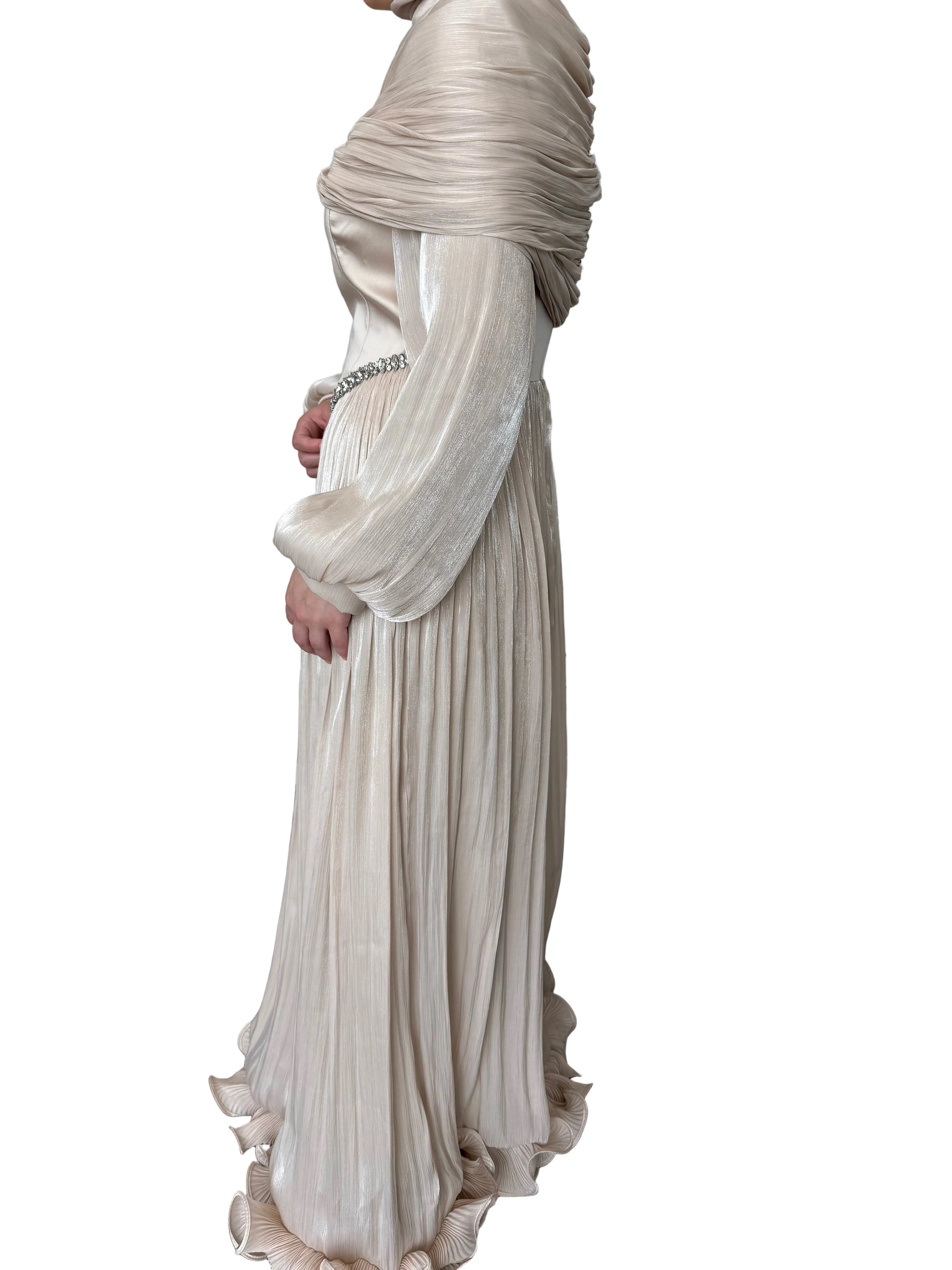 Satin Ruffle Dress-Ivory Blush