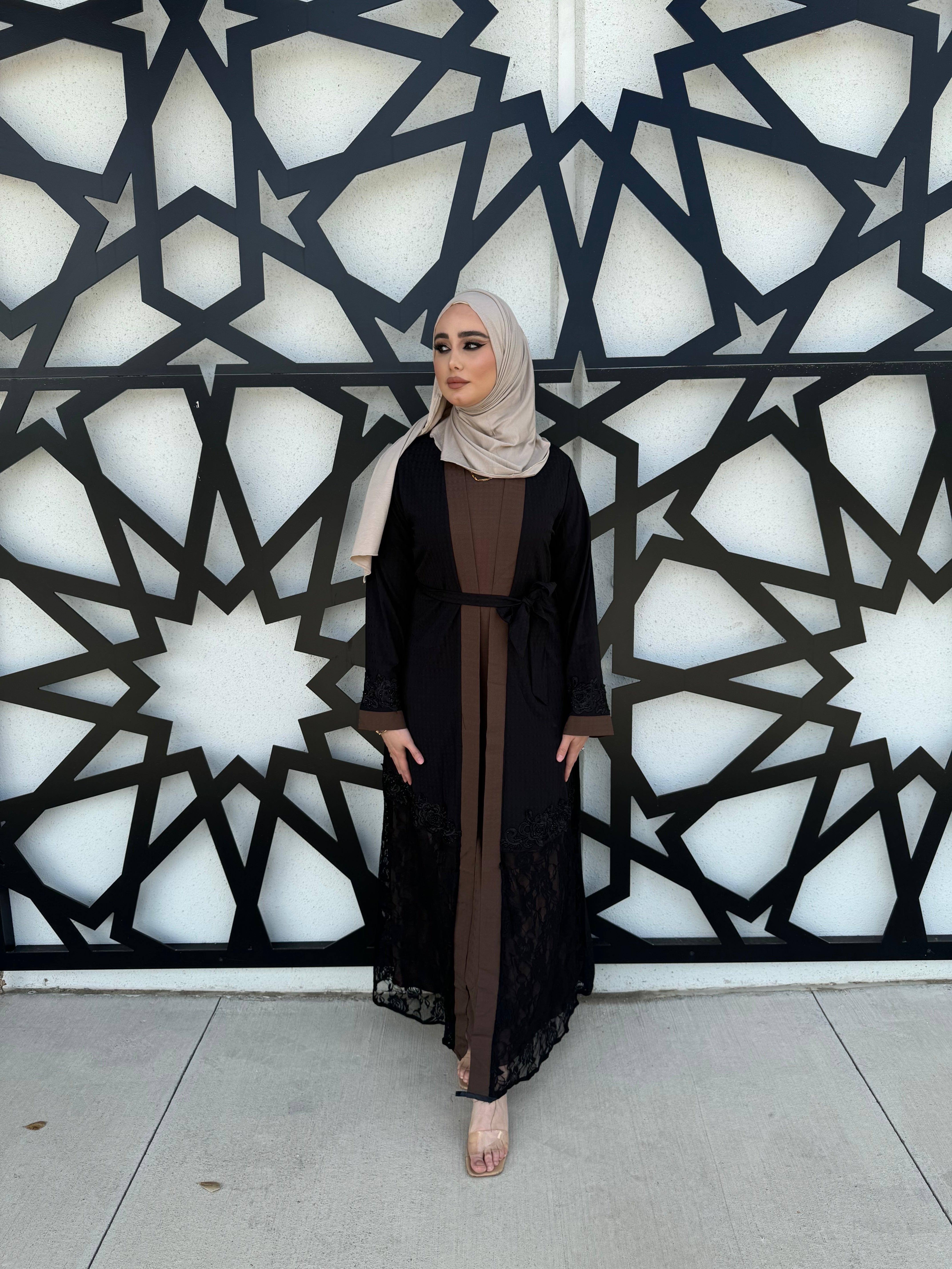 Lace Trim Abaya - Cocoa