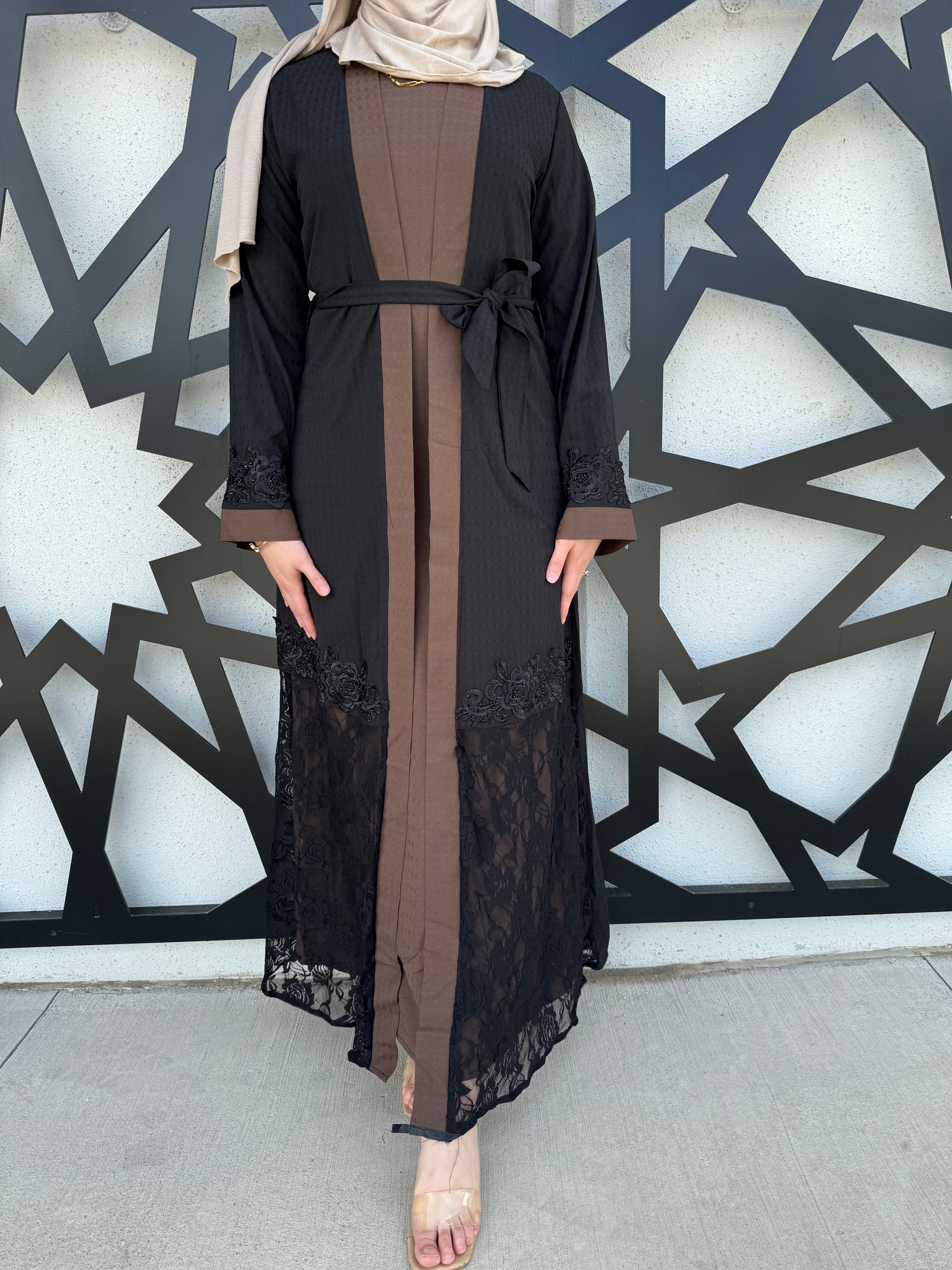Lace Trim Abaya - Cocoa