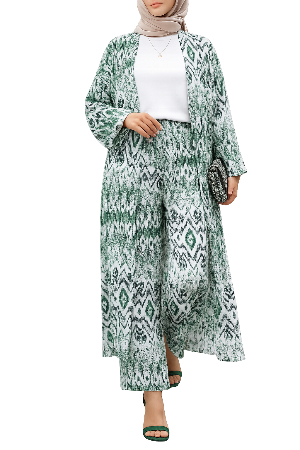 Printed Open Tunic Set - Green