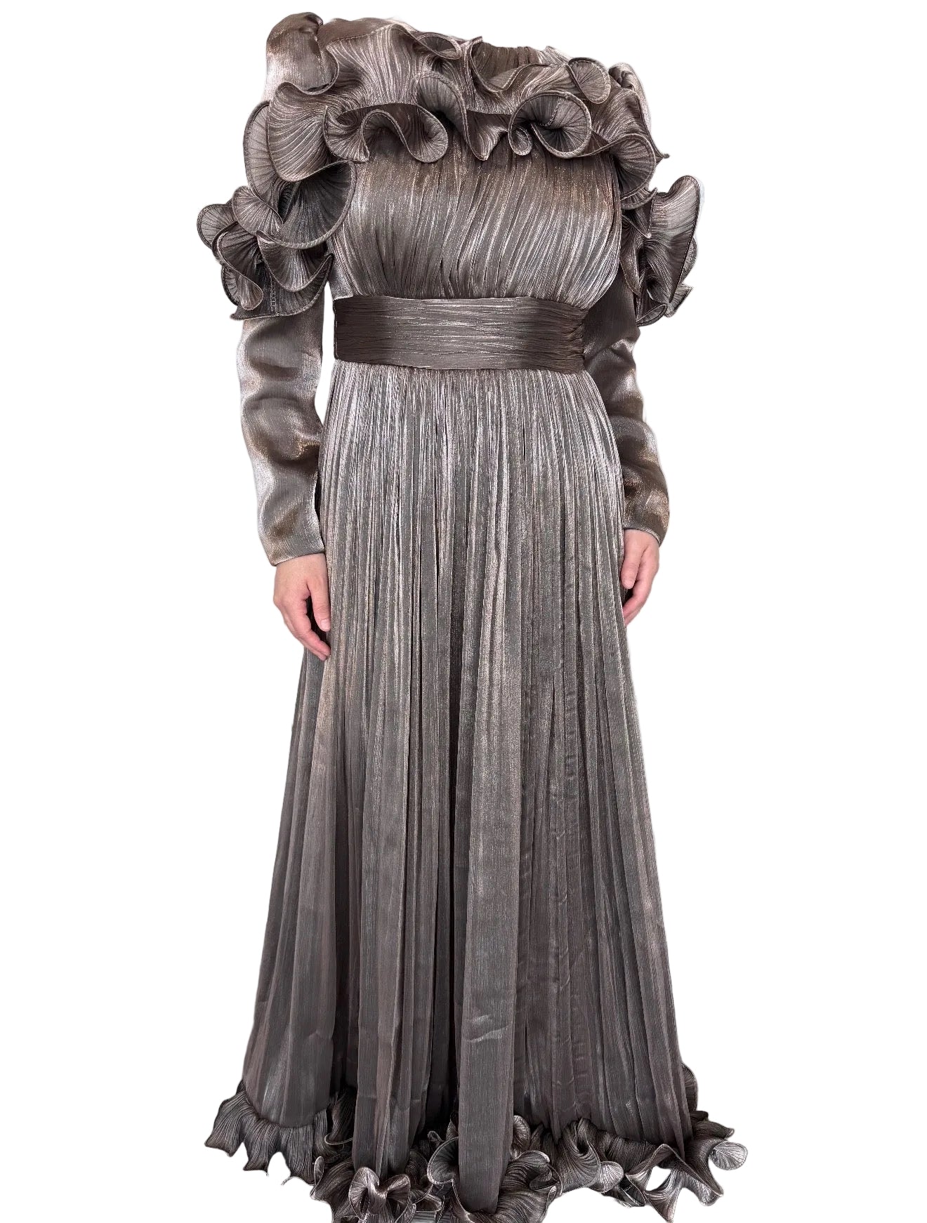 Satin Ruffle Gown - Brown