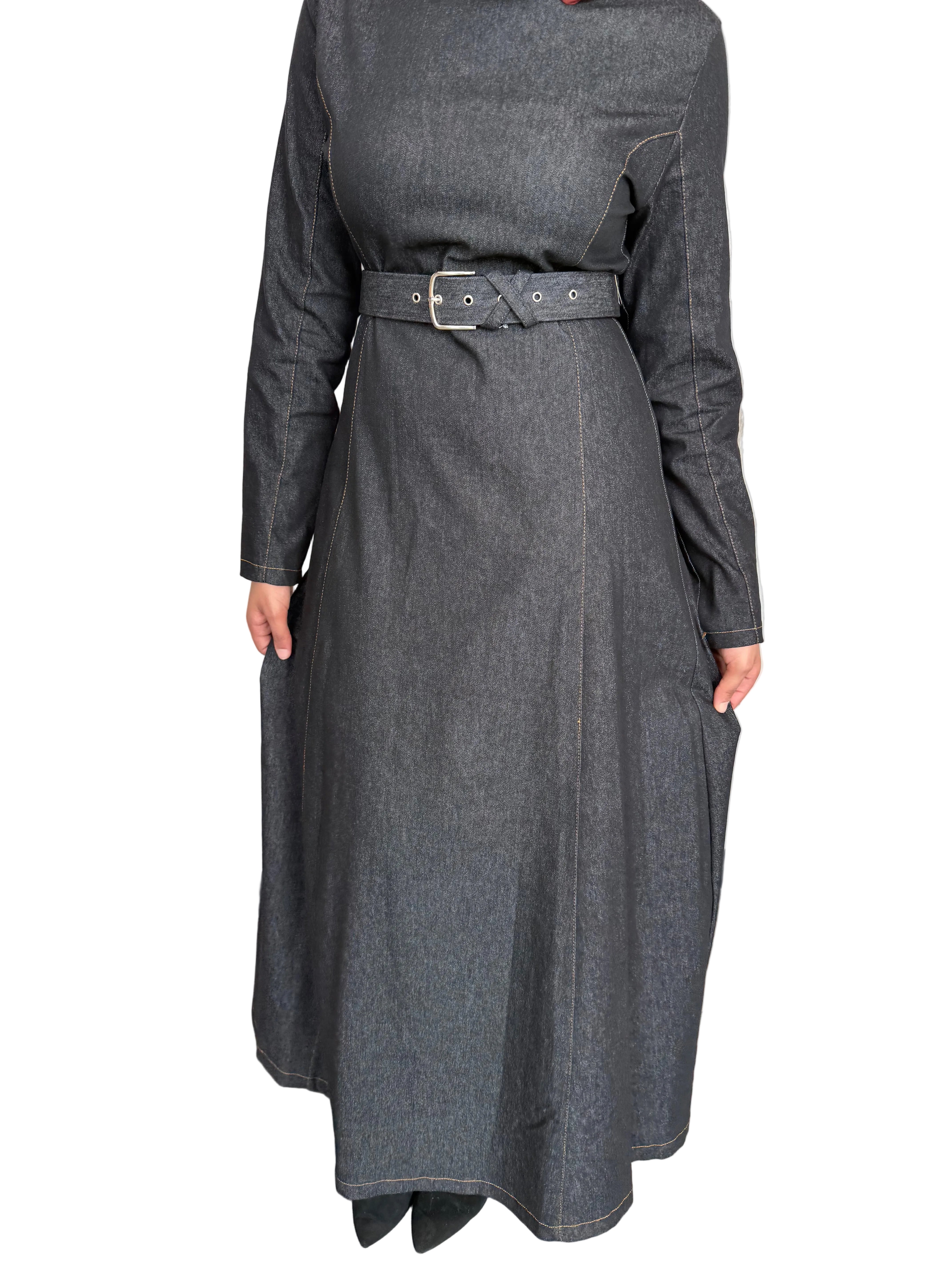 Denim Belt Dress-Dark Wash