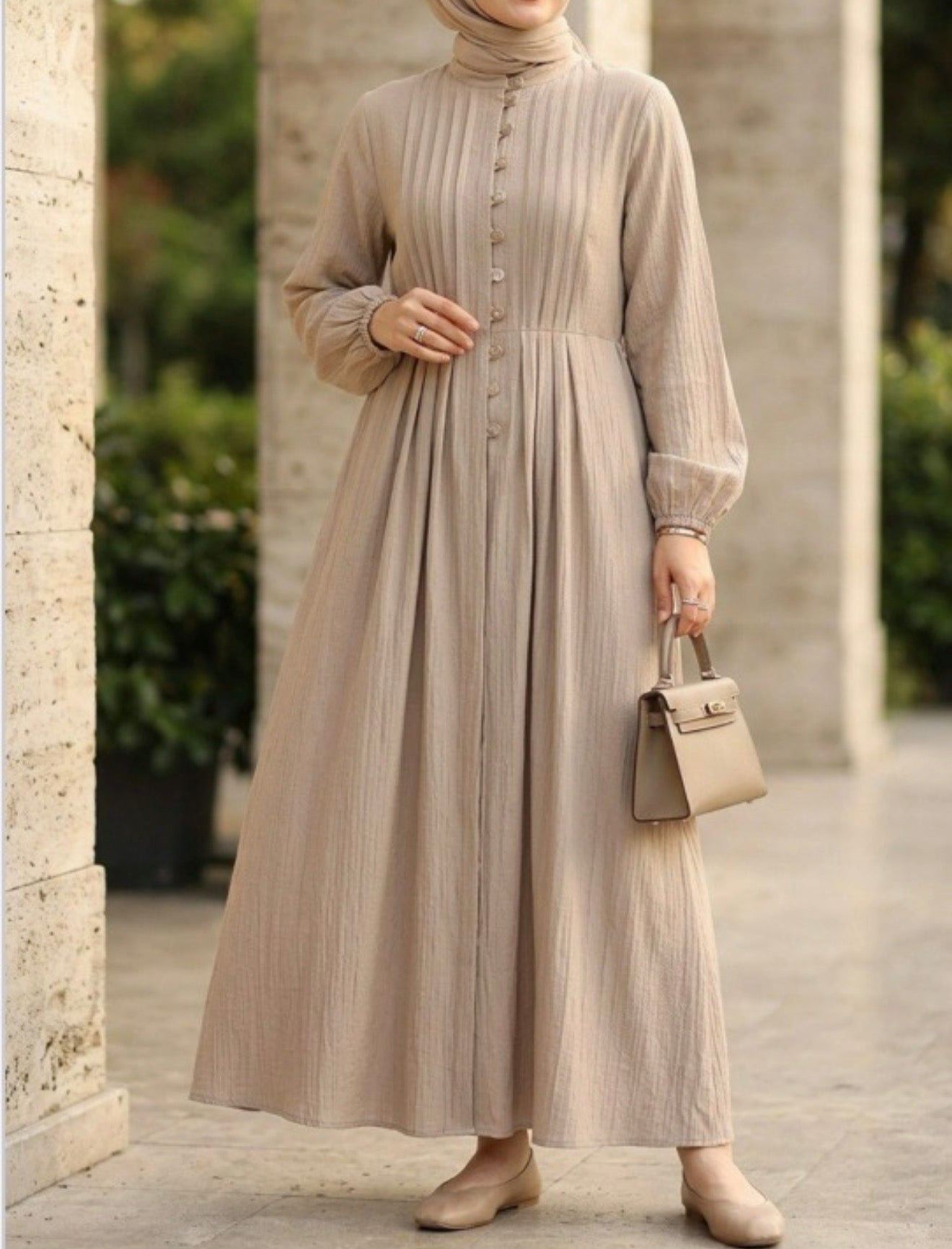 Linen Button Dress-Beige