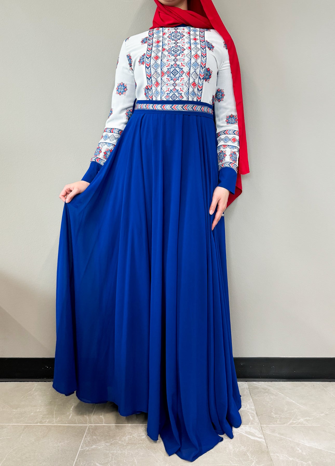 Embroidered Chiffon Dress - Royal Blue