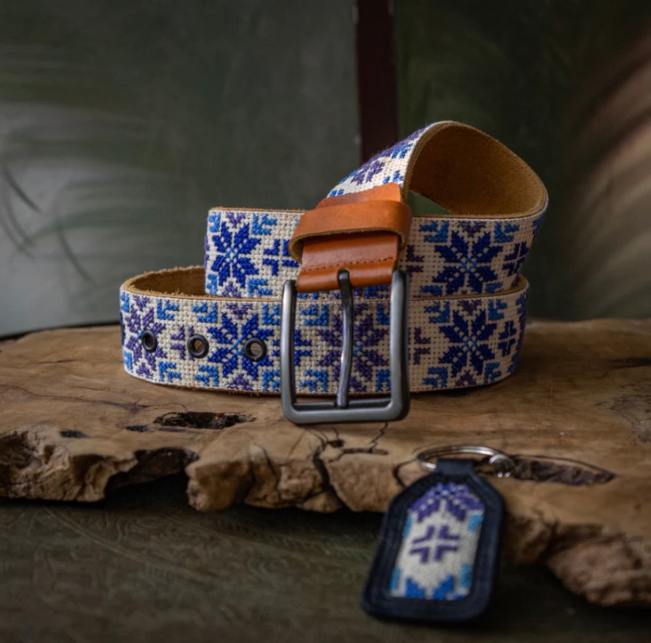 HandMade Palestine Blue Star Tatreez Leather Belt