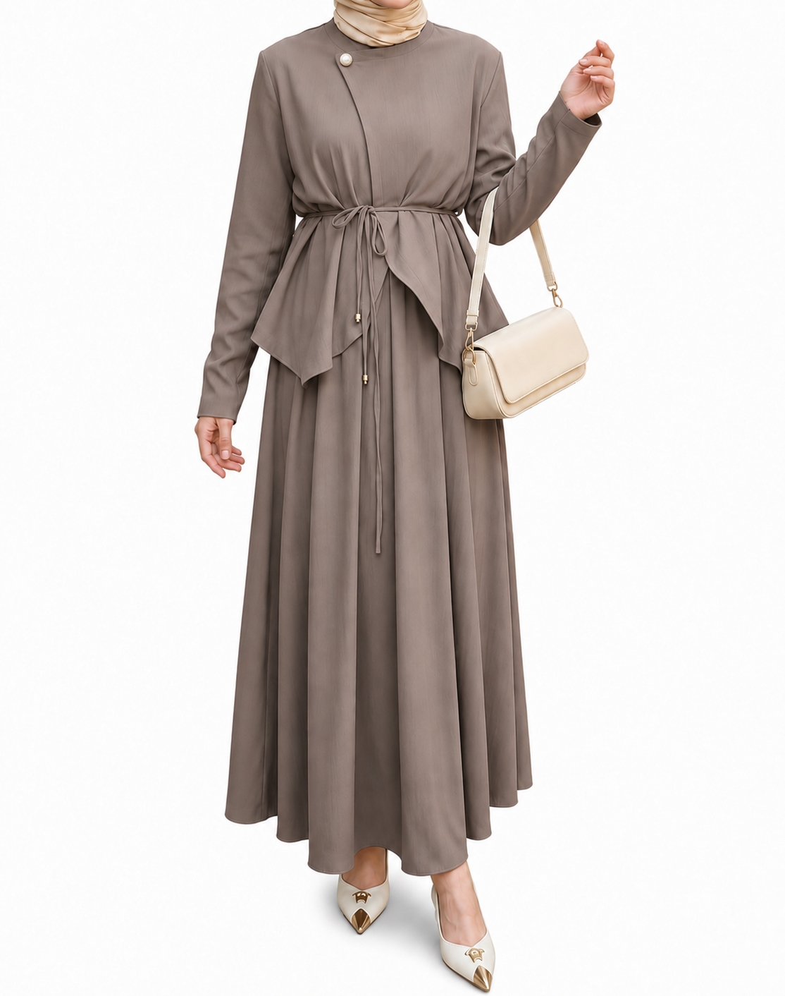 Tie Belt Skirt Set- Taupe