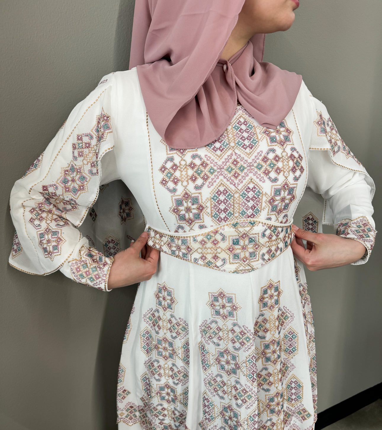 Embroidered Cape Thobe Dress - White