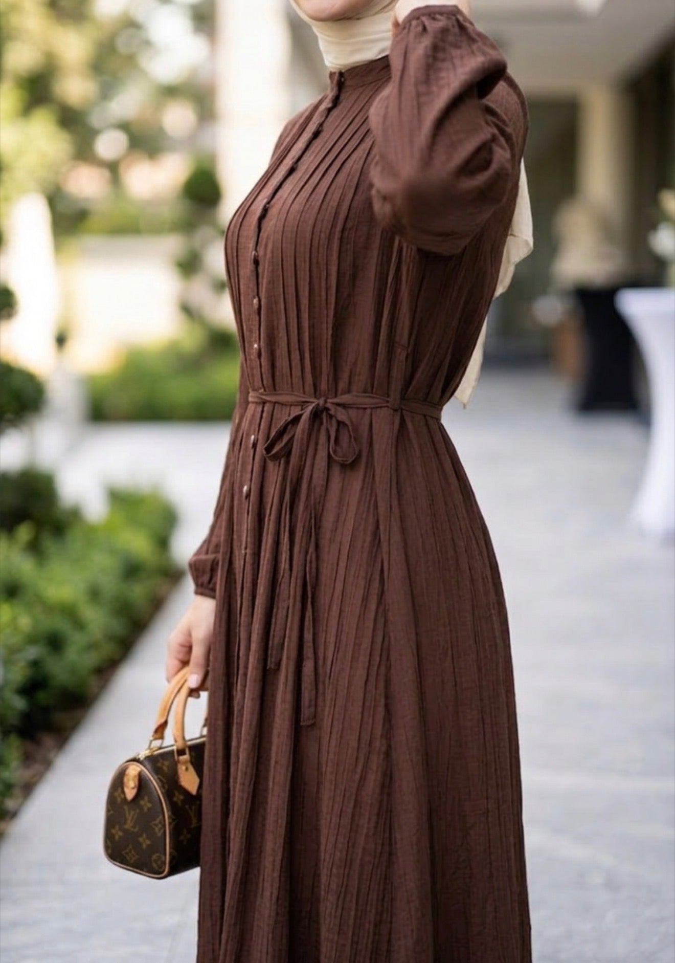Linen Button Dress-Brown