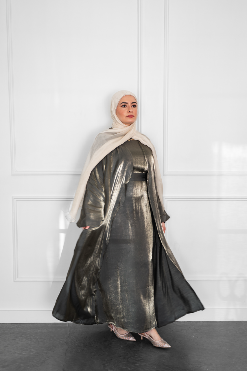 Metallic Open Abaya - Olive