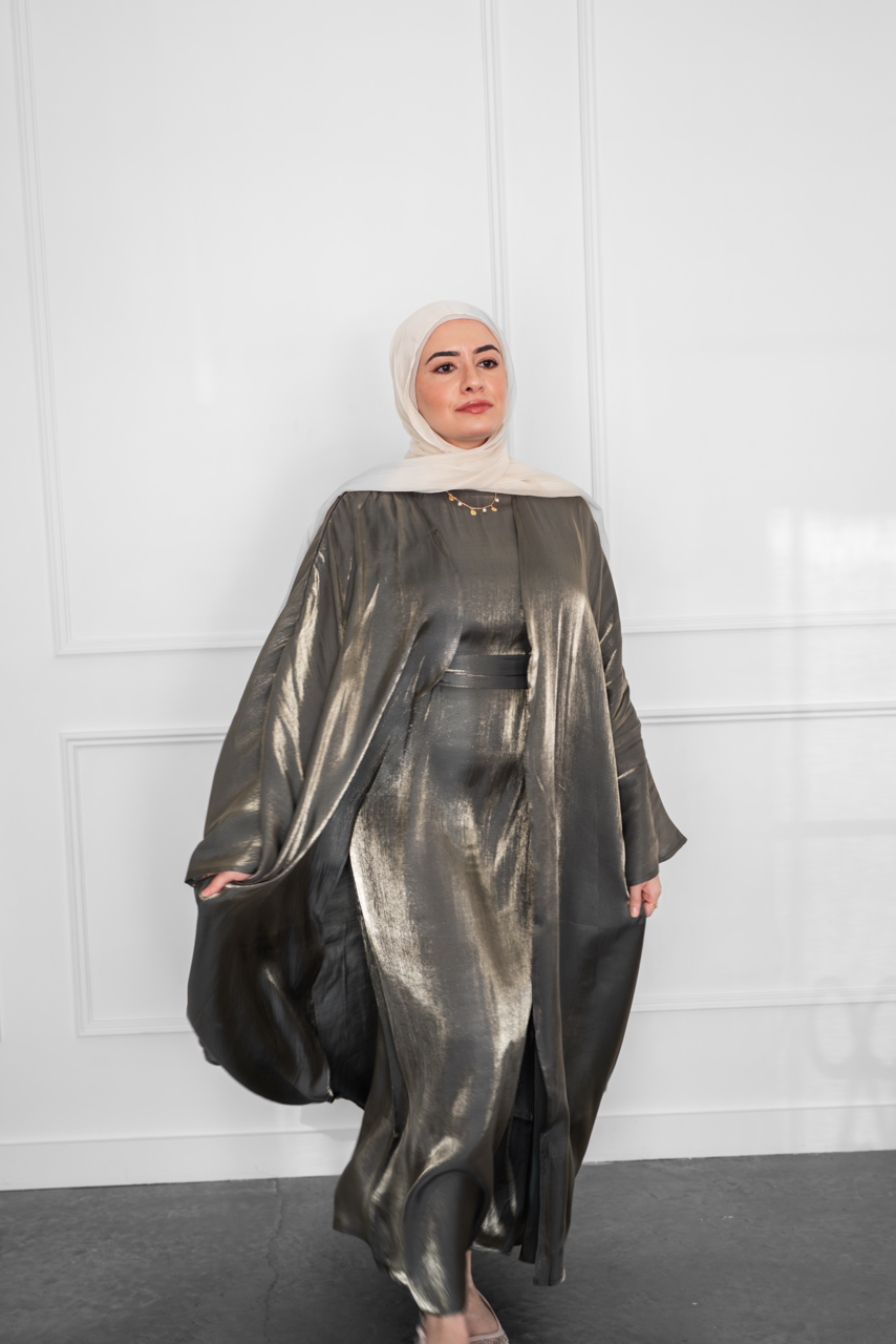 Metallic Open Abaya - Olive