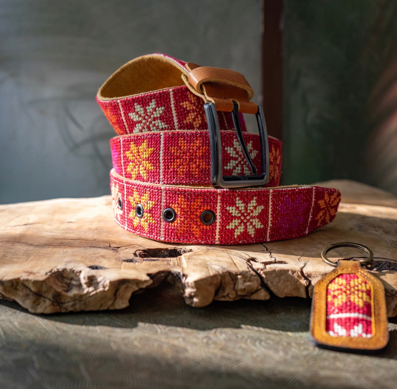 Hand Made Palestine Leather Tatreez Belt - Red and Gold
