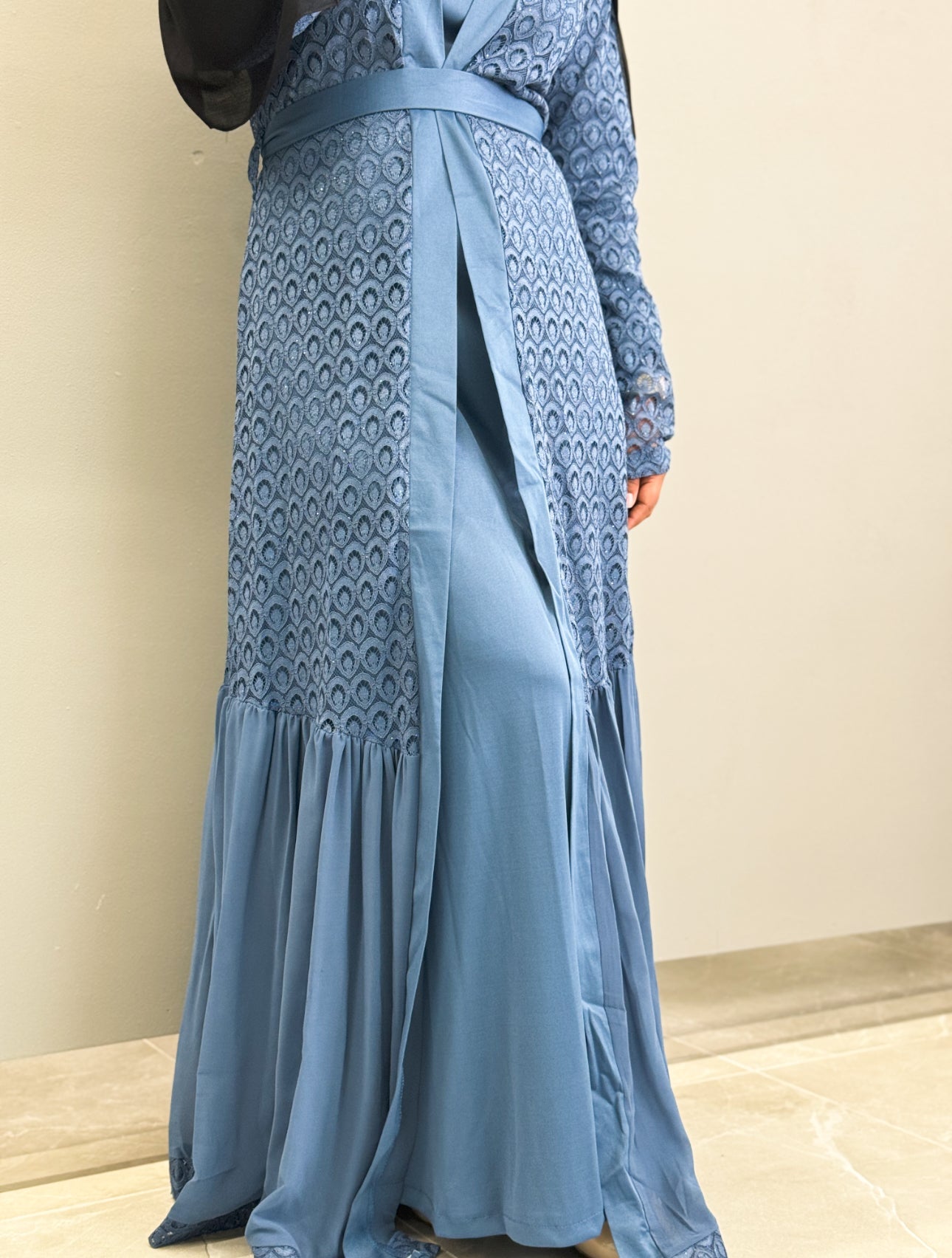 Three Piece Lace Abaya Set - Blue