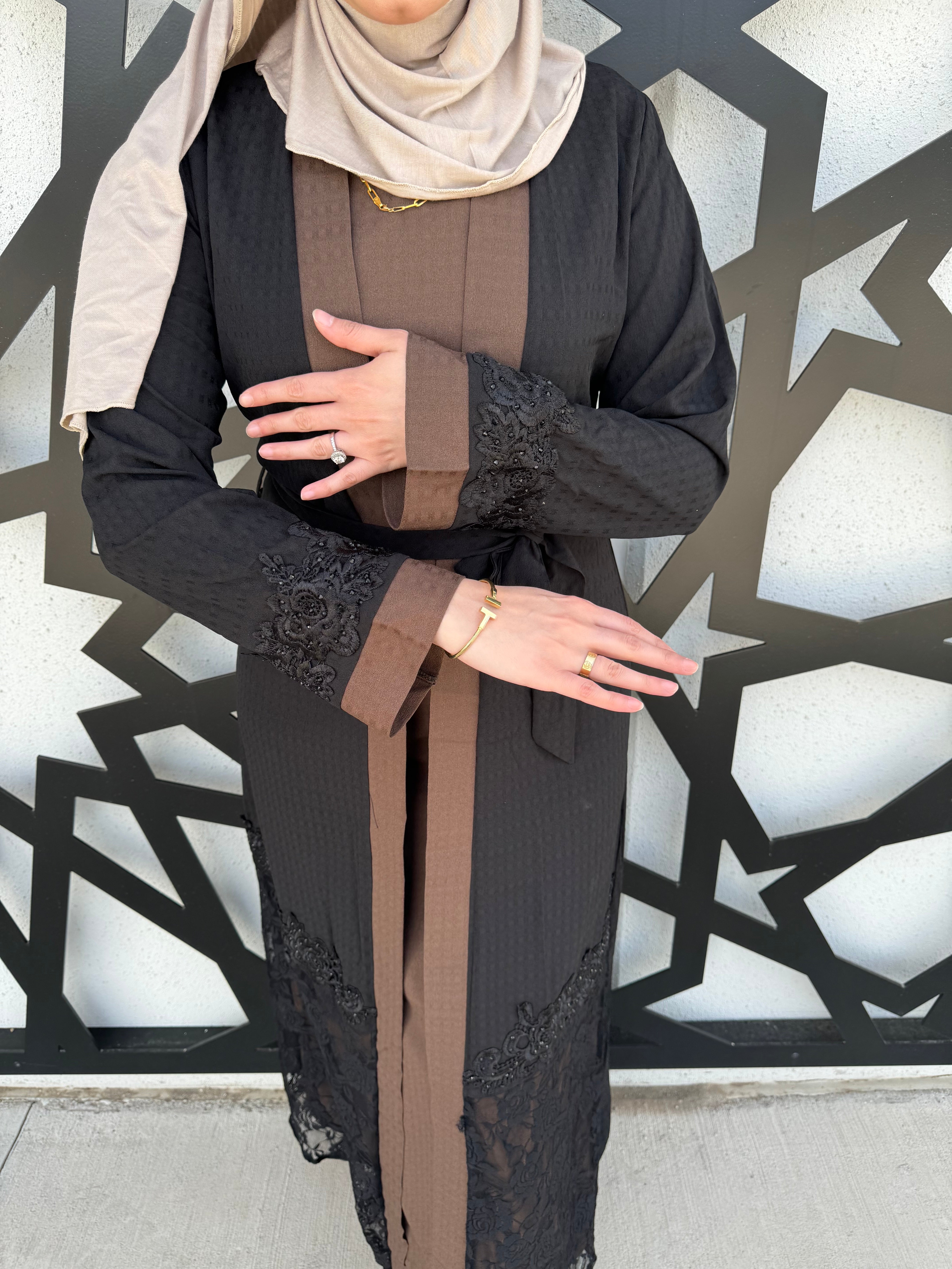 Lace Trim Abaya - Cocoa