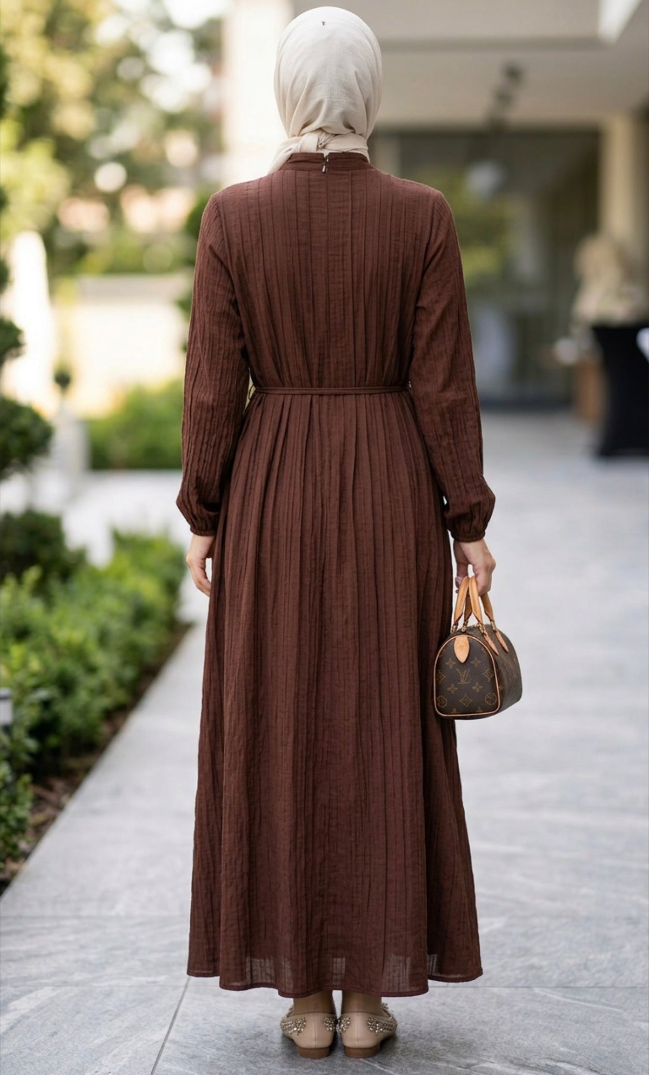 Linen Button Dress-Brown