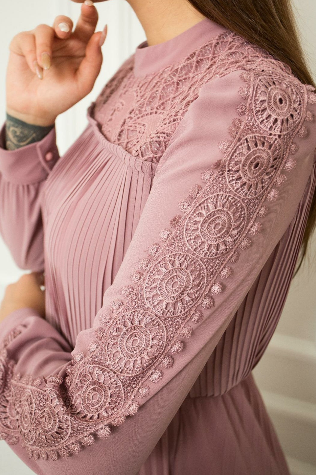 Pleated Chiffon Lace Dress - Mauve