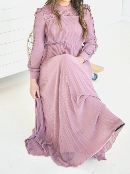 Pleated Chiffon Lace Dress - Mauve