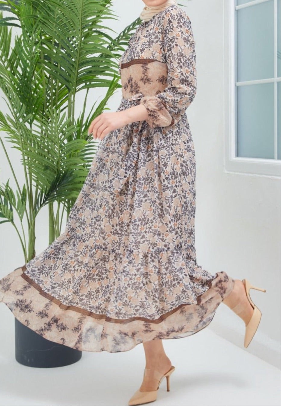 Floral Chiffon Dress - Beige