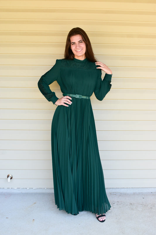 Pleated Chiffon Lace Dress - Emerald