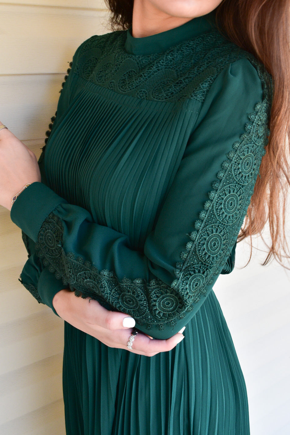 Pleated Chiffon Lace Dress - Emerald