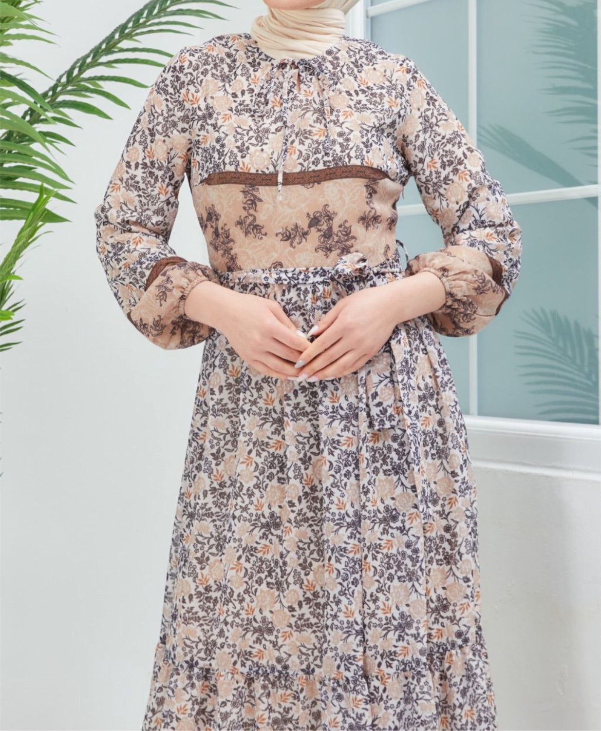 Floral Chiffon Dress - Beige