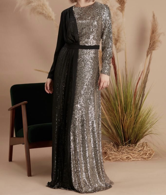 Sheer Sequin Dress - Black/Gold in